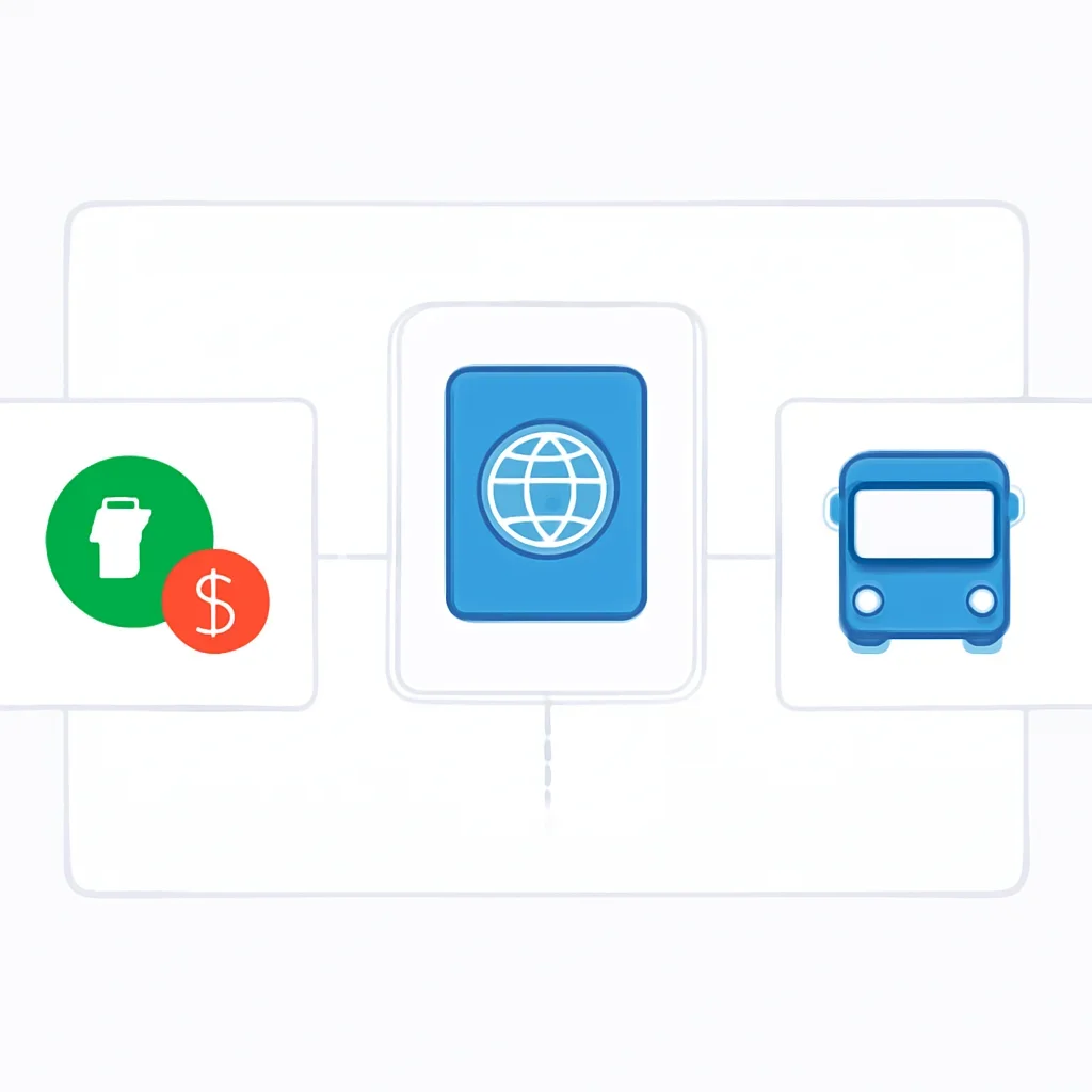 Minimal border-planning interface linking visa, currency and transport pages