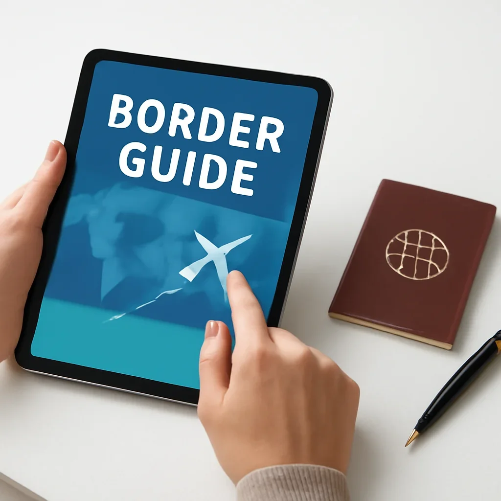 Traveller checking border guide on tablet beside passport and pen