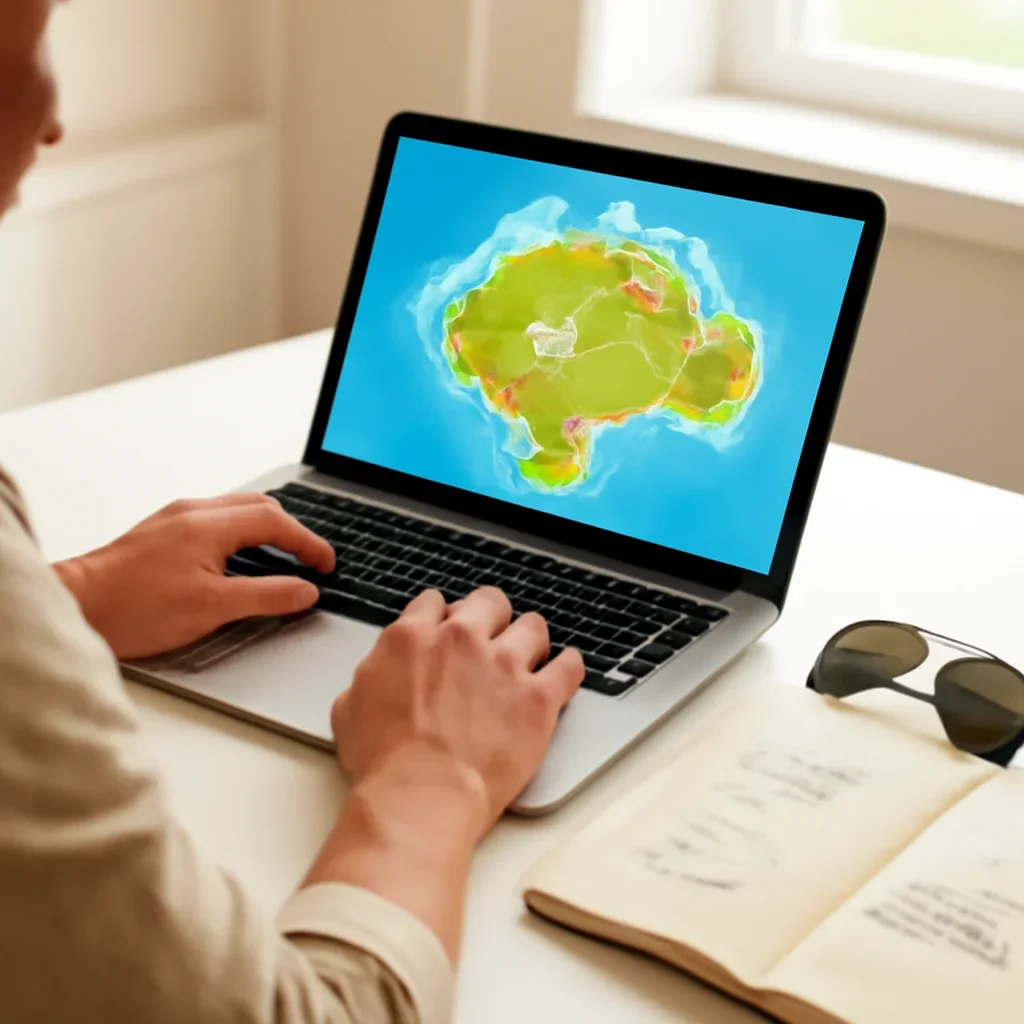 Traveller planning island route on laptop beside sunglasses and ferry notes