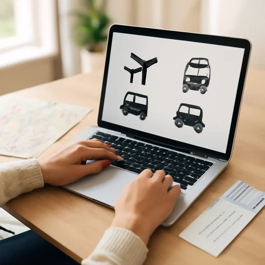 Traveller comparing transport options on laptop with map and boarding passes nearby