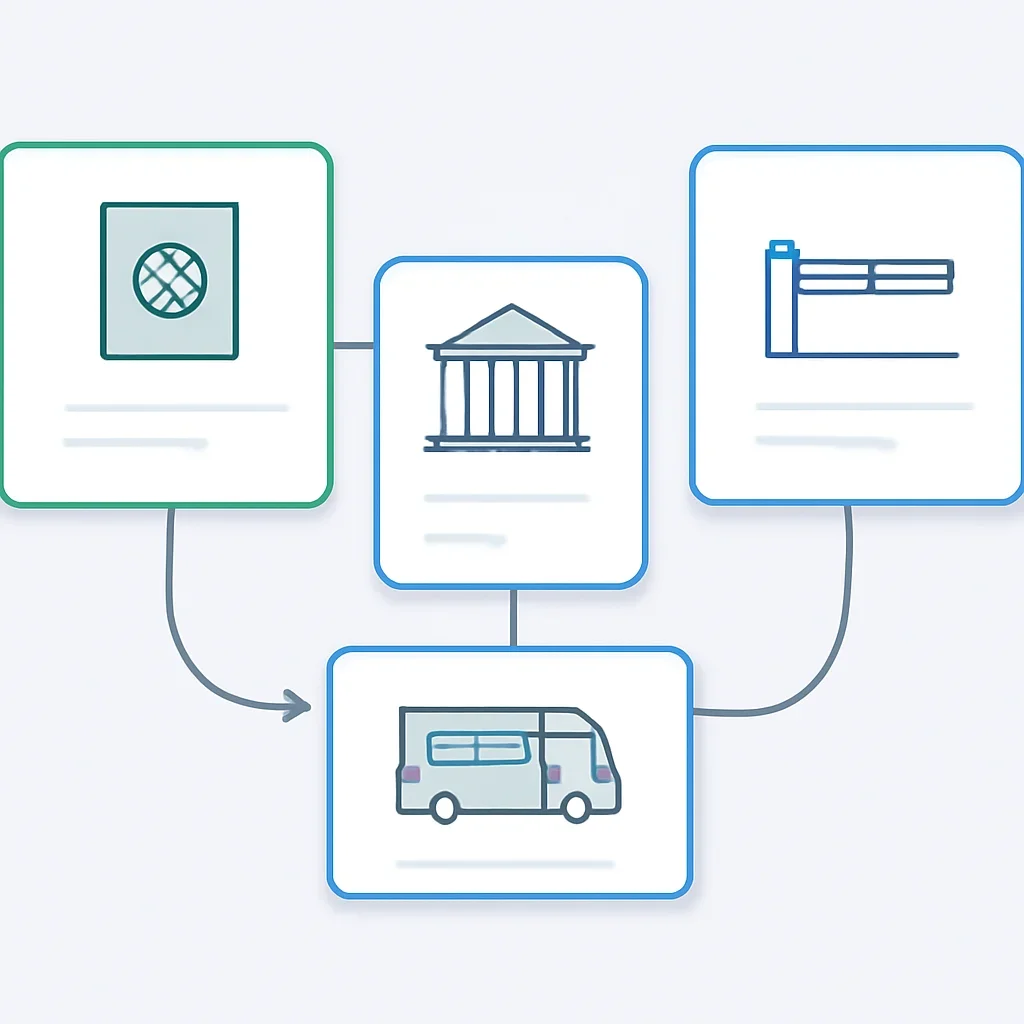 Minimal entry-planning interface linking visa, embassy and border pages