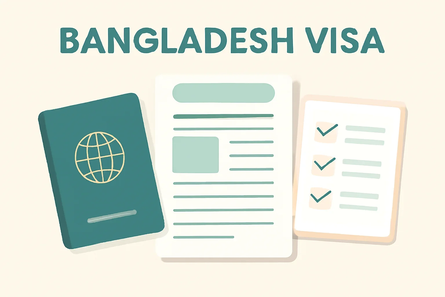 Bangladesh visa guide page with passport, form and checklist cards in clean layout