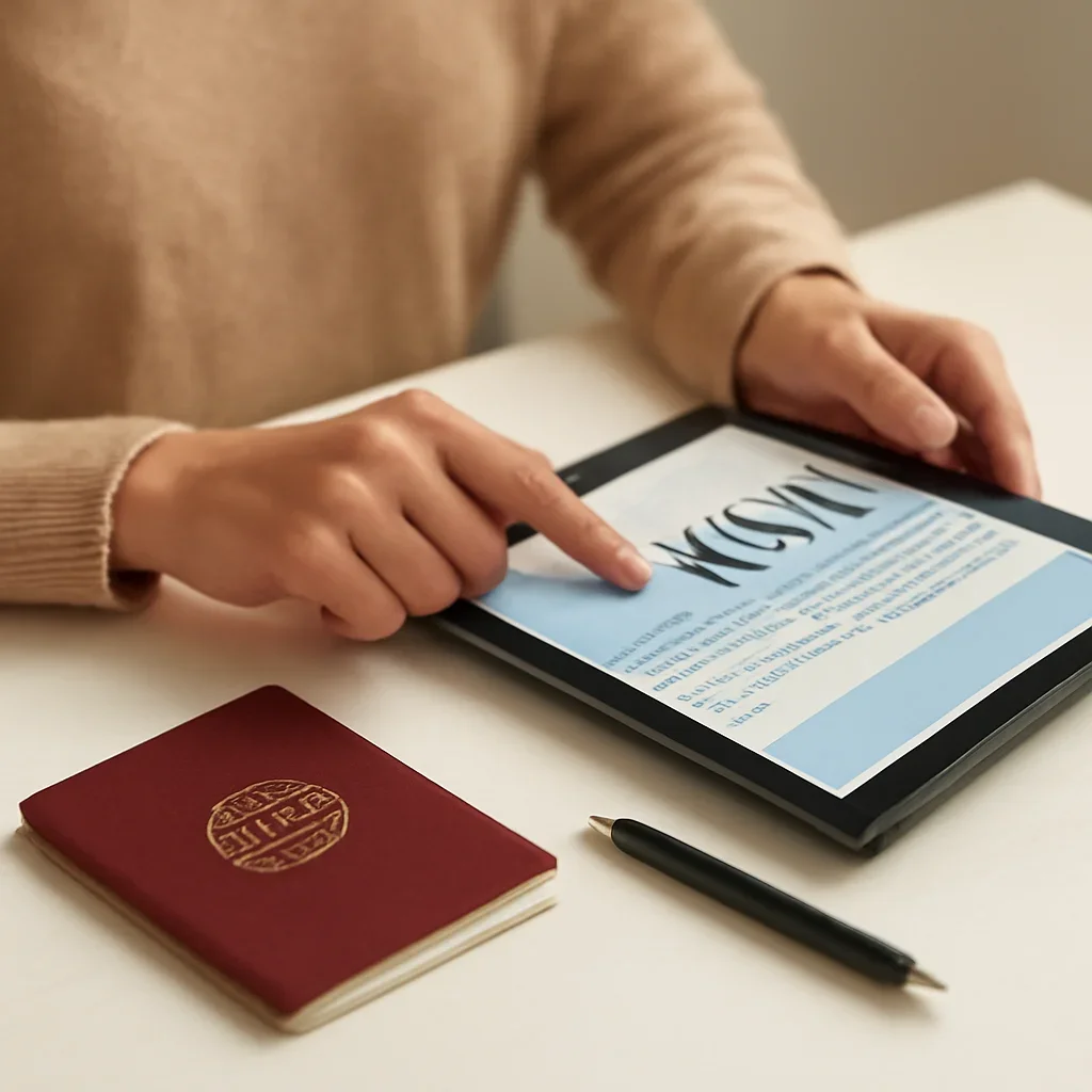 Traveller reviewing visa notes on tablet beside passport and pen