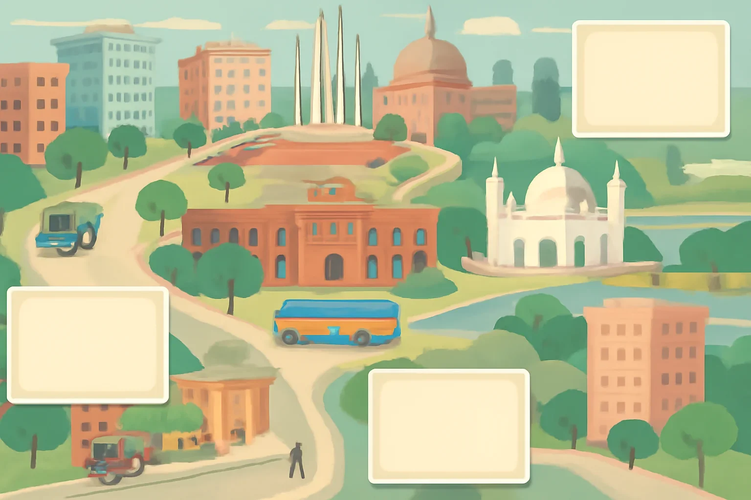Dhaka city guide page with local streets, civic landmarks and clean editorial cards