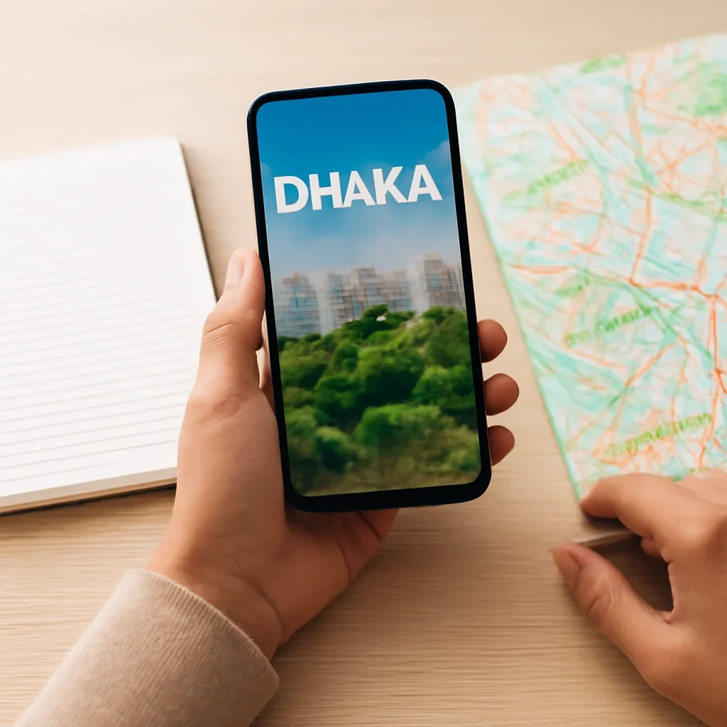 Reader checking Dhaka guide on phone beside a notebook and map
